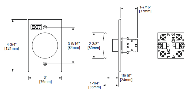 Dimensioned front, side, and rear views of the RCI 990 oversized tamper-resistant button with inch and millimetre measurements.