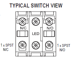 Typical switch terminal layout showing two SPST contacts: one normally closed (N/C) and one normally open (N/O), with a central LED module and labeled terminal positions.