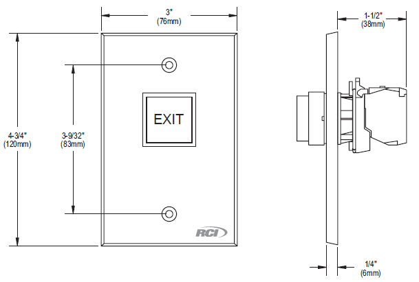 Front and side view of RCI illuminated exit pushbutton showing overall dimensions, mounting hole spacing, plate size, and side profile depth with measurements in inches and millimeters