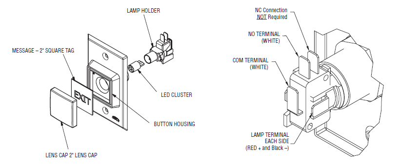 Exploded and rear view diagrams of the RCI 972TD illuminated pushbutton showing lamp holder, LED cluster, lens cap, message tag, button housing, and labeled COM, NO, NC, and lamp terminals.