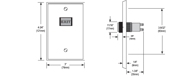 Installation overview of the RCI 970 illuminated exit button showing wiring instructions, switch terminal configurations, and front and side profile dimension diagrams