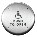 Round stainless steel Easy Touch push button with wheelchair accessibility symbol and “PUSH TO OPEN” text.