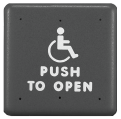 Square Easy Touch push button with wheelchair accessibility symbol and “PUSH TO OPEN” text on a dark faceplate.
