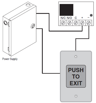 Wiring schematic showing the RCI 917 push button connected to an external auxiliary relay and power supply.