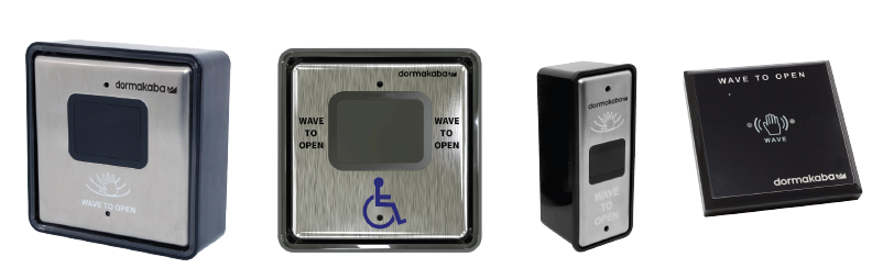 Front and side views of RCI 912-WBT series wireless, battery-powered touchless switches with wave-to-open icons in different faceplate styles.