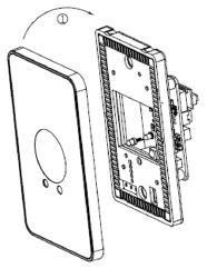 Illustration showing removal of the front cover of the RCI 910TC touchless switch during installation.