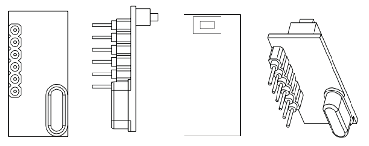 Remote control module for the RCI 910TC shown from multiple angles, including connector pins and module housing.