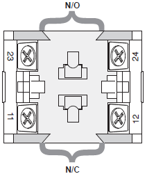 Rear view wiring diagram of RCI mushroom cap pushbutton showing normally open and normally closed contacts.