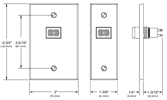 A technical diagram showing three views of the RCI 903 Audible Alert device with dimensions. The front view displays a rectangular faceplate with two mounting holes and a central speaker grille. Measurements indicate the plate is 4-3/4 inches (120.6 mm) tall and 3 inches (76.2 mm) wide, with the speaker positioned 3-5/16 inches (84.1 mm) from the top. The side view shows the depth of the plate as 1/4 inch (6.4 mm) and the protruding alert unit as 1-3/16 inches (30.2 mm). The third view shows the back of the unit with two prongs for electrical connection. Additional dimension noted: 1-5/8 inches (41.3 mm) between mounting holes