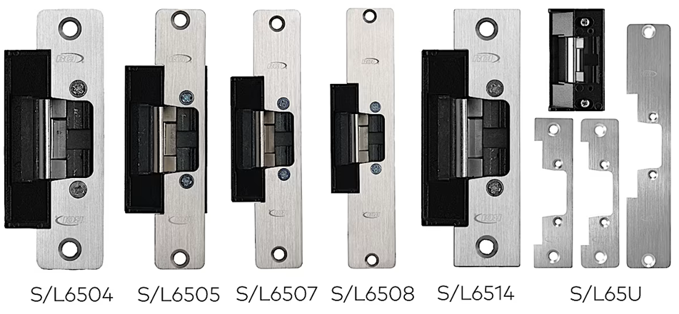 Seven RCI 6 Series centerline electric strike components displayed side by side. Five main electric strikes feature stainless steel faceplates with black internal mechanisms and mounting holes, labeled S/L6504, S/L6505, S/L6507, S/L6508, and S/L6514. To the right, two additional components include a black strike body and multiple stainless steel mounting plates labeled S/L65U. Each strike has slight variations in hole placement and design for different installation requirements.