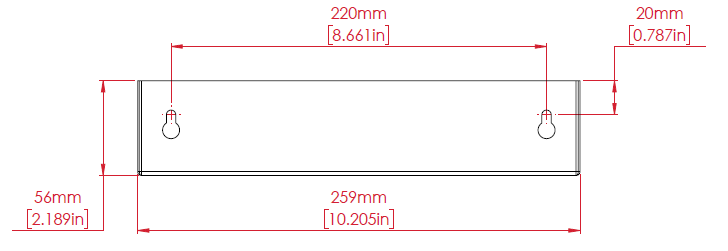 Housing front view showing overall length, mounting slot positions, and keyhole spacing with dimensions in millimeters and inches.