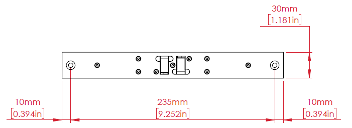 YD30D lock front view showing faceplate length, mounting hole spacing, and bolt position with dimensions labeled in millimeters and inches.