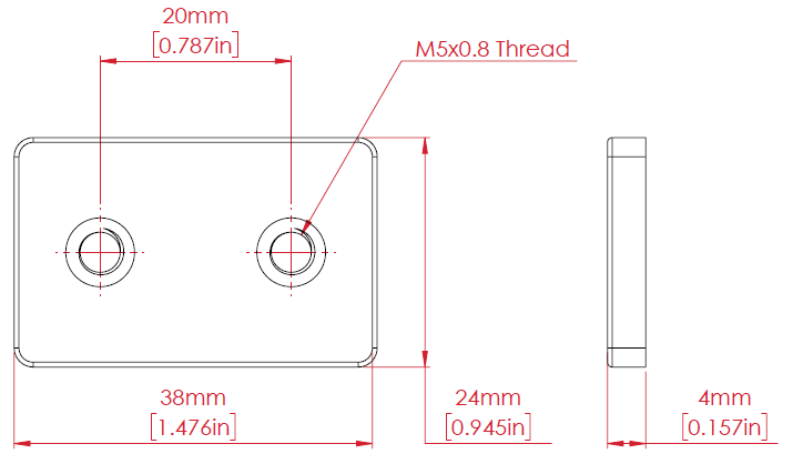 Fitting tab front and side views showing mounting hole spacing, M5×0.8 thread, thickness, and overall dimensions in millimeters and inches.