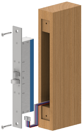 Exploded view showing YD30D lock and strike aligned with a solid wood door frame and leaf mortise, with wiring exiting the back of the lock body