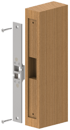 Exploded view of YD30D lock and strike with solid wood frame and leaf, highlighting correct orientation of lock and strike before securing with screws