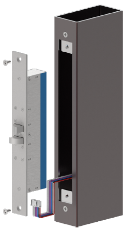 Exploded view showing YD30D lock and strike aligned with a hollow metal extrusion frame mortise, with wiring emerging from the back of the lock.