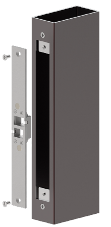Exploded view of YD30D lock and strike with metal extrusion frame, indicating lock position in frame cut‑out and strike position in door leaf.