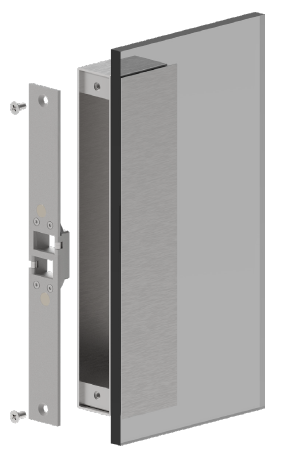 YD30D strike plate aligned and mounted on glass door for surface-mounted installation.