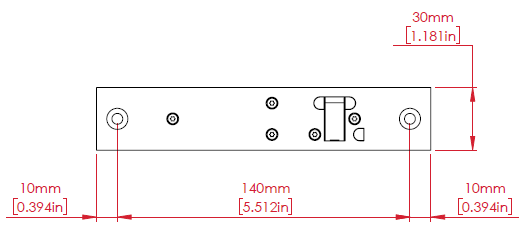 Front view of the YD30S single sideload lock faceplate showing mounting hole positions, bolt opening, and faceplate dimensions in millimeters and inches.