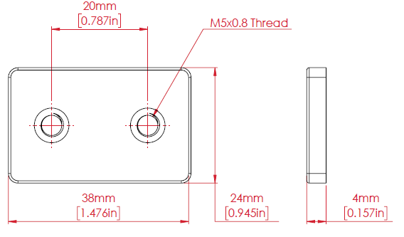 Diagram of the YD30S fitting tab showing width, height, thickness, and M5 × 0.8 threaded holes with metric and inch measurements.