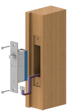 Solid wood door mortise installation showing lock body, strike plate, wiring path, and mounting orientation.