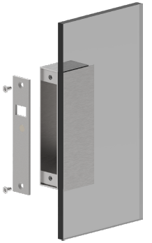Strike plate installation for surface-mounted YD30S lock on glass door.