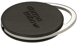Picture of a metal framed fob, black with metal frame and dorma kaba embossed on it.