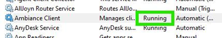 Image from Windows Services showing the Ambiance client service is running. 
