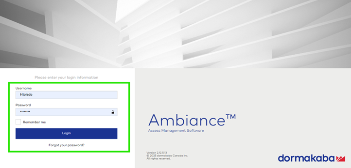 Image of the Login screen for Ambiance software