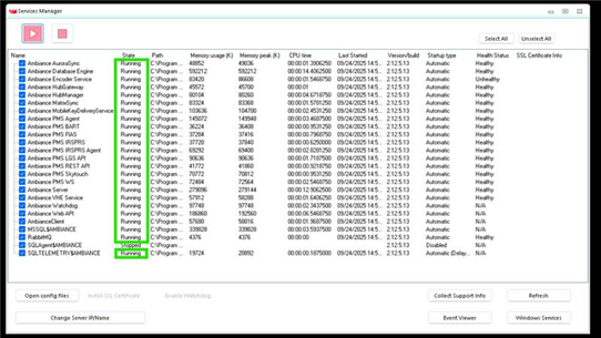 Ambiance Service Manager with all Service running highlighted in green outline