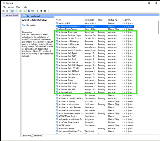 Image of Windows Service with Ambiance Service highlighted in a green square. 
