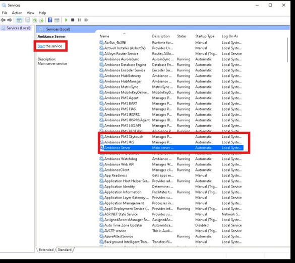 Image of Ambiance services that are not running oulined by a red square. 