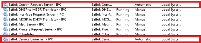 Windows Services. Red square around the service  "Saflok Comm Request Server - IPC" and the "Saflok Service Luncher - IPC" not running.