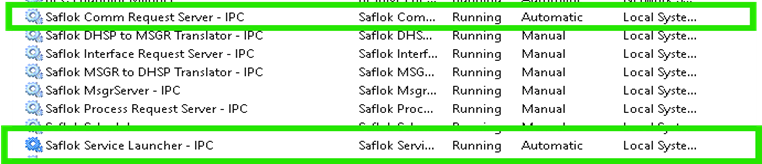 Windows Services. Green square around the service  "Saflok Comm Request Server - IPC" and the "Saflok Service Luncher - IPC" now running.