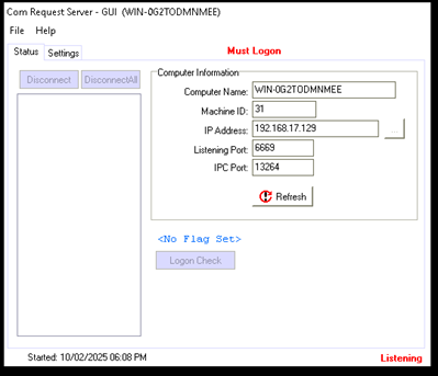 CRS Application Window: Com Server Request Server - GUI (Computername) configuration window
